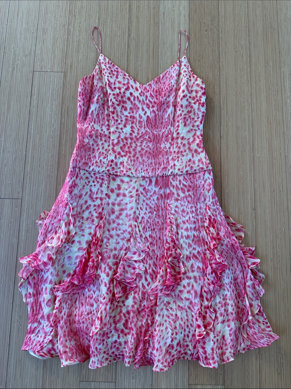 Vintage y2k silk ruffle Kay Unger pink cheeta dress with matching scarf - Picture 2 of 6